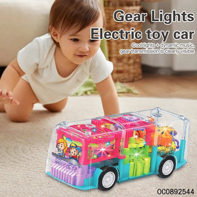 Battery operated plastic gear universe toy buses for kids with light music