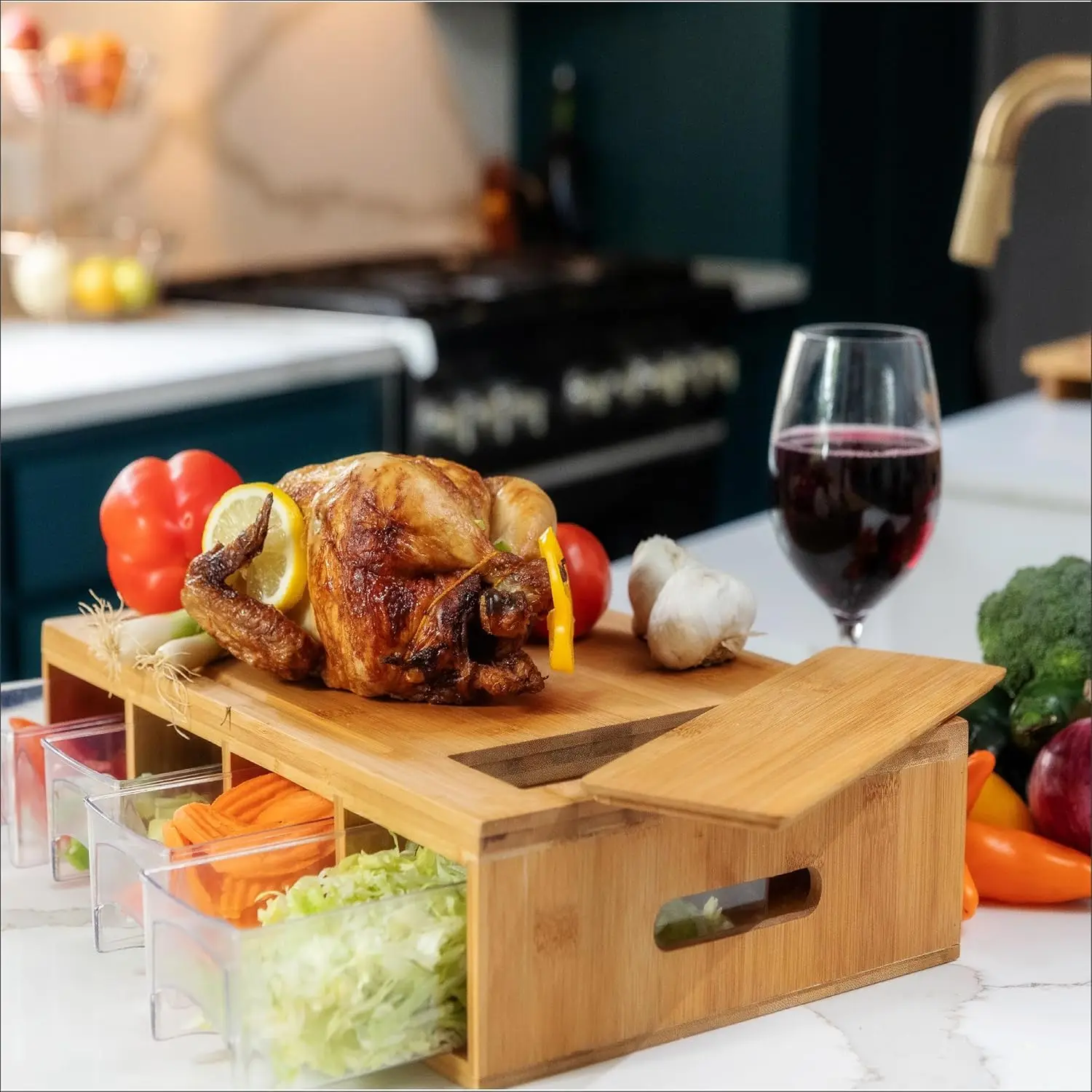 product bamboo land large 4 inch thick rectangular bamboo cutting board with containers food prep station storage cutting board-6