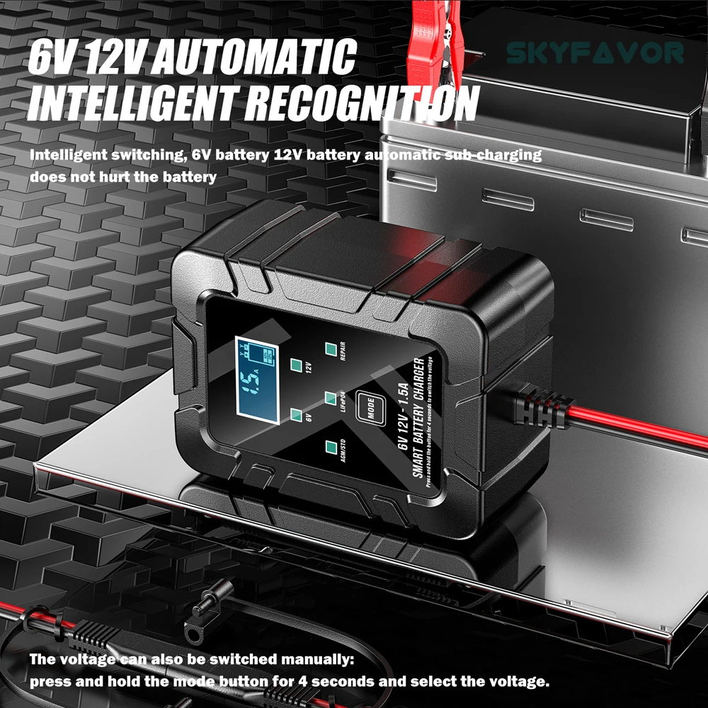 Universal smart 6V 12V battery charger 6V 12V 1.5A automatic lifepo4 lfp lead acid gel agm repair battery charger with SEA plug