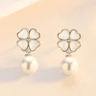 Earrings Wholesales 925 Sterling Silver 18K Gold Plated Fashion Women 4 Leaf Clover Pearl Stud Earrings Jewelry
