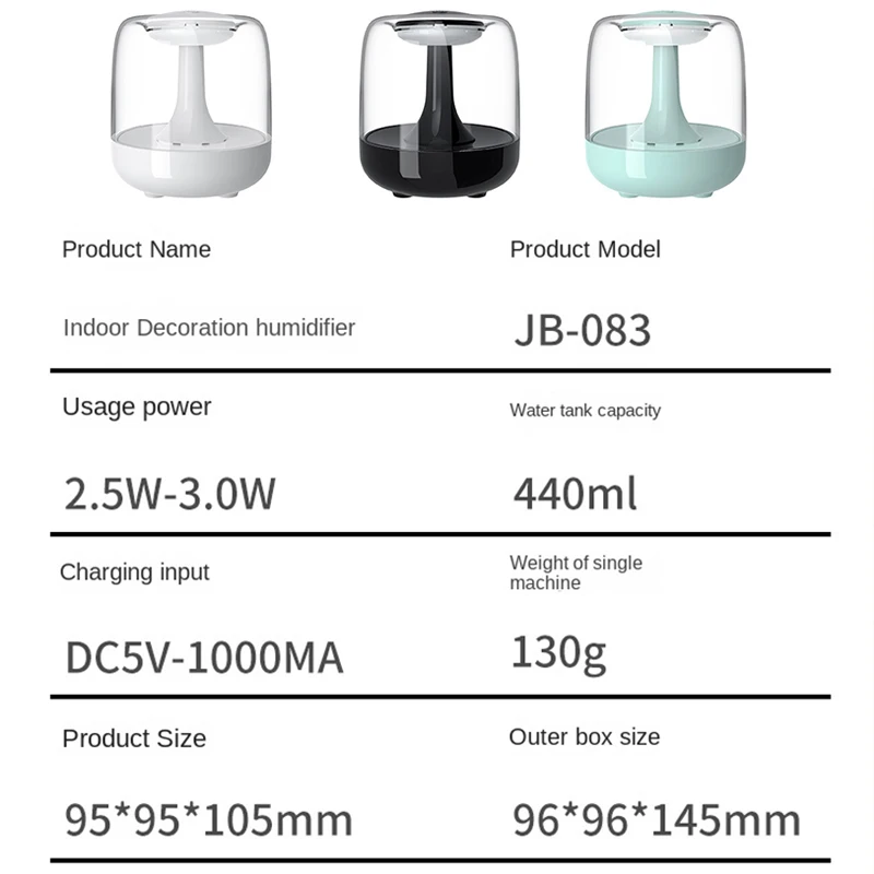 Customisable Humidifier Moisturising & Toning Two Mist Modes 440ml Humidifier USB Rechargeable LED Humidifier