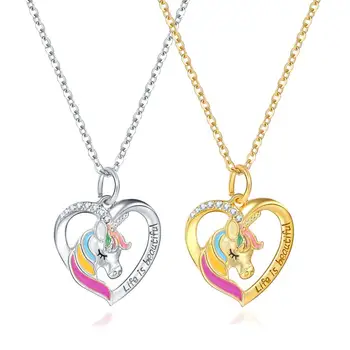 VRIUA Cartoon Horse Necklace Heart Pendant Necklaces For Girls Kids Enamel Cute Horse Jewelry Accessories Lover Gift Jewelry
