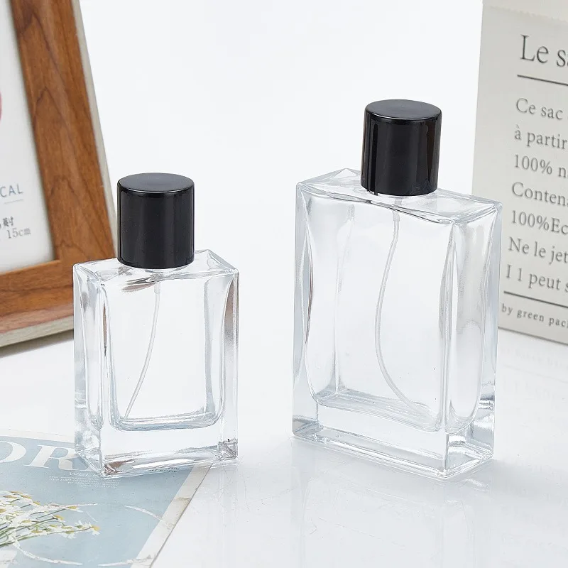 Luxury Style 50ml 100ml Flat Shape Glass Perfume Bottle With Lid Free Sample
