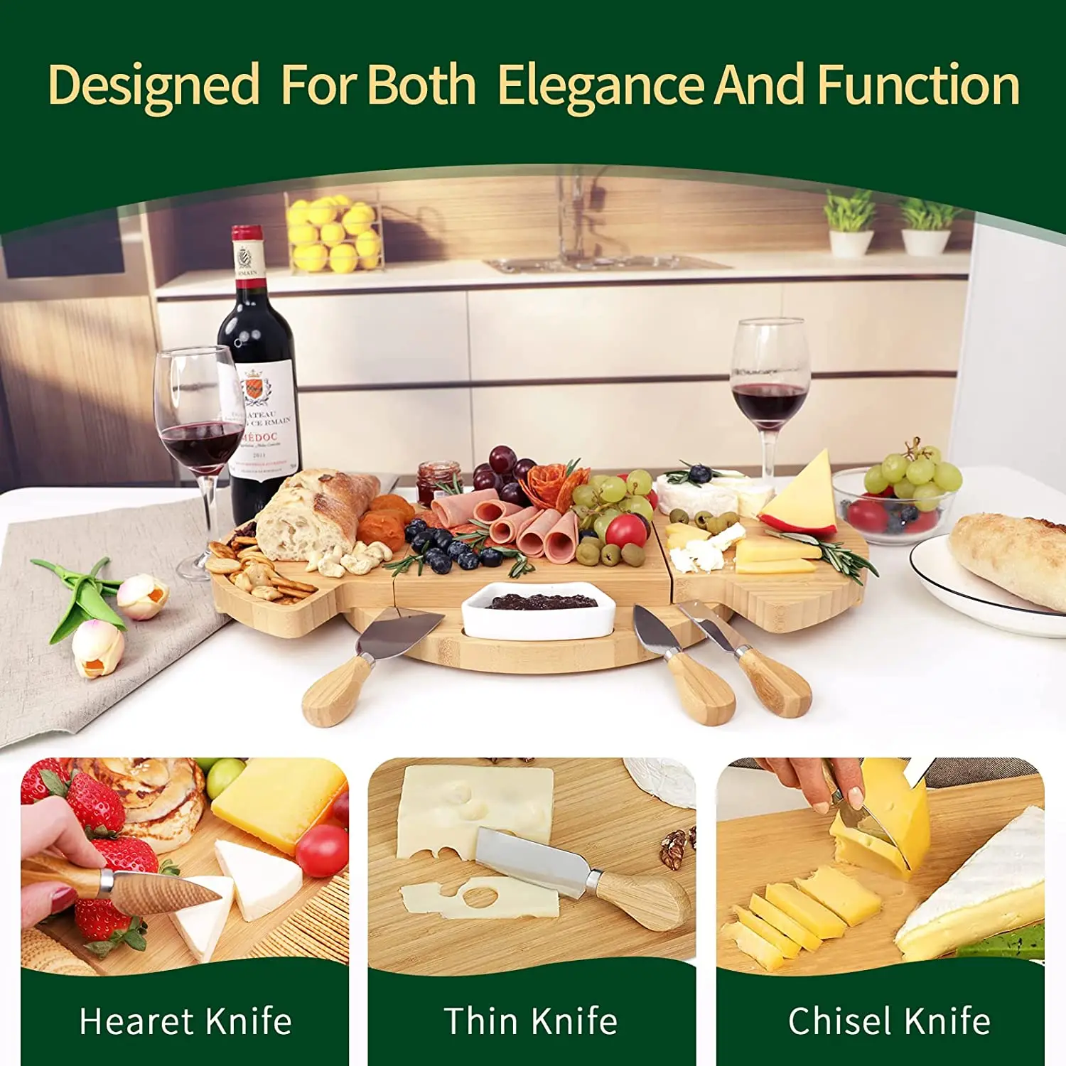 product large round charcuterie cheese board set bamboo cheese serving platter cheese tray and knife set for gift-4