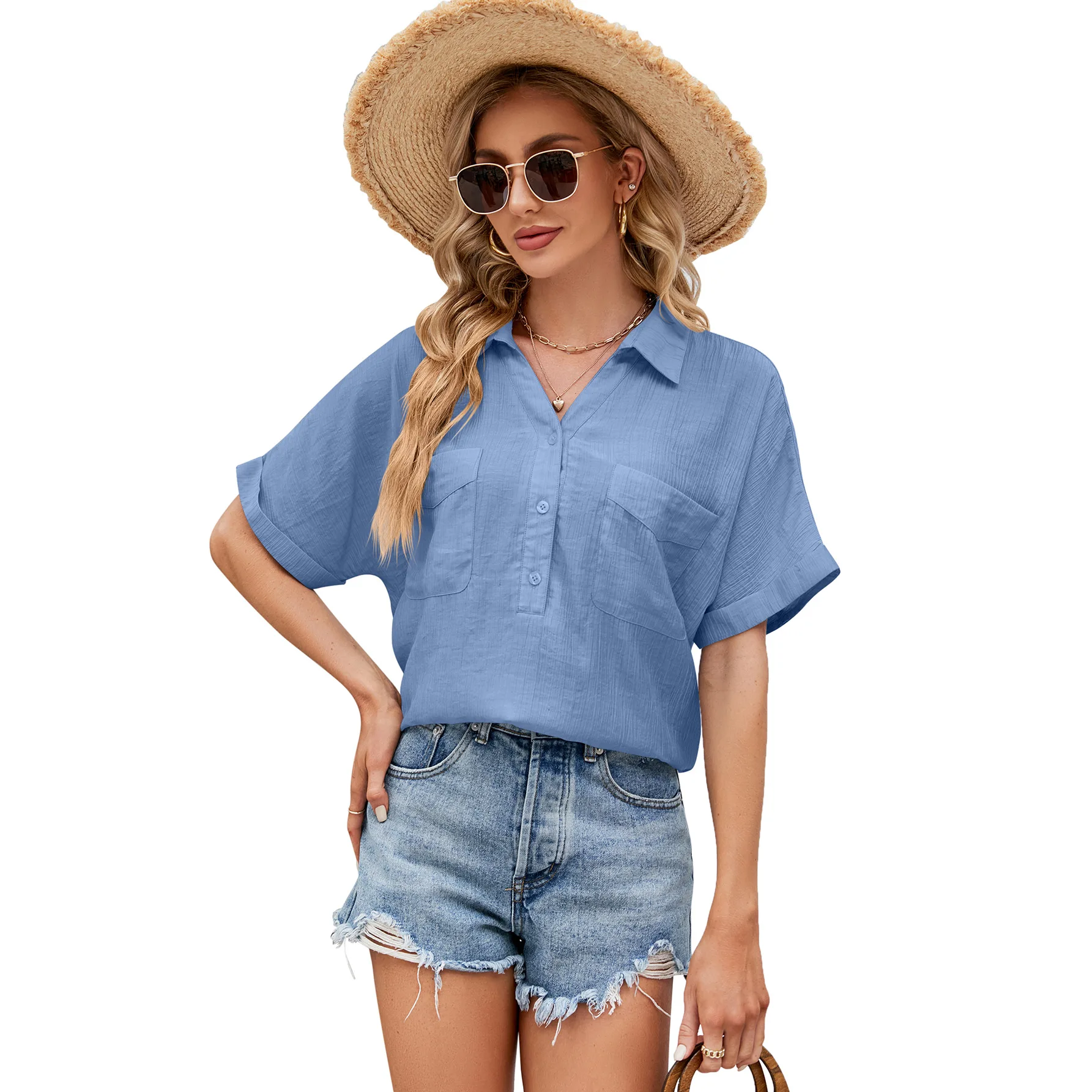 Hotouch Linen Shirts for Women Cotton Long Sleeve Button Down Blouses V Neck Casual Loose Work Casual Summer Tops