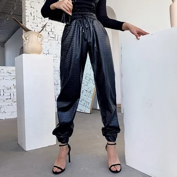 2022 new arrivals Elastic Waist Overalls vegan leather pants fashion casual vegan leather pants for women