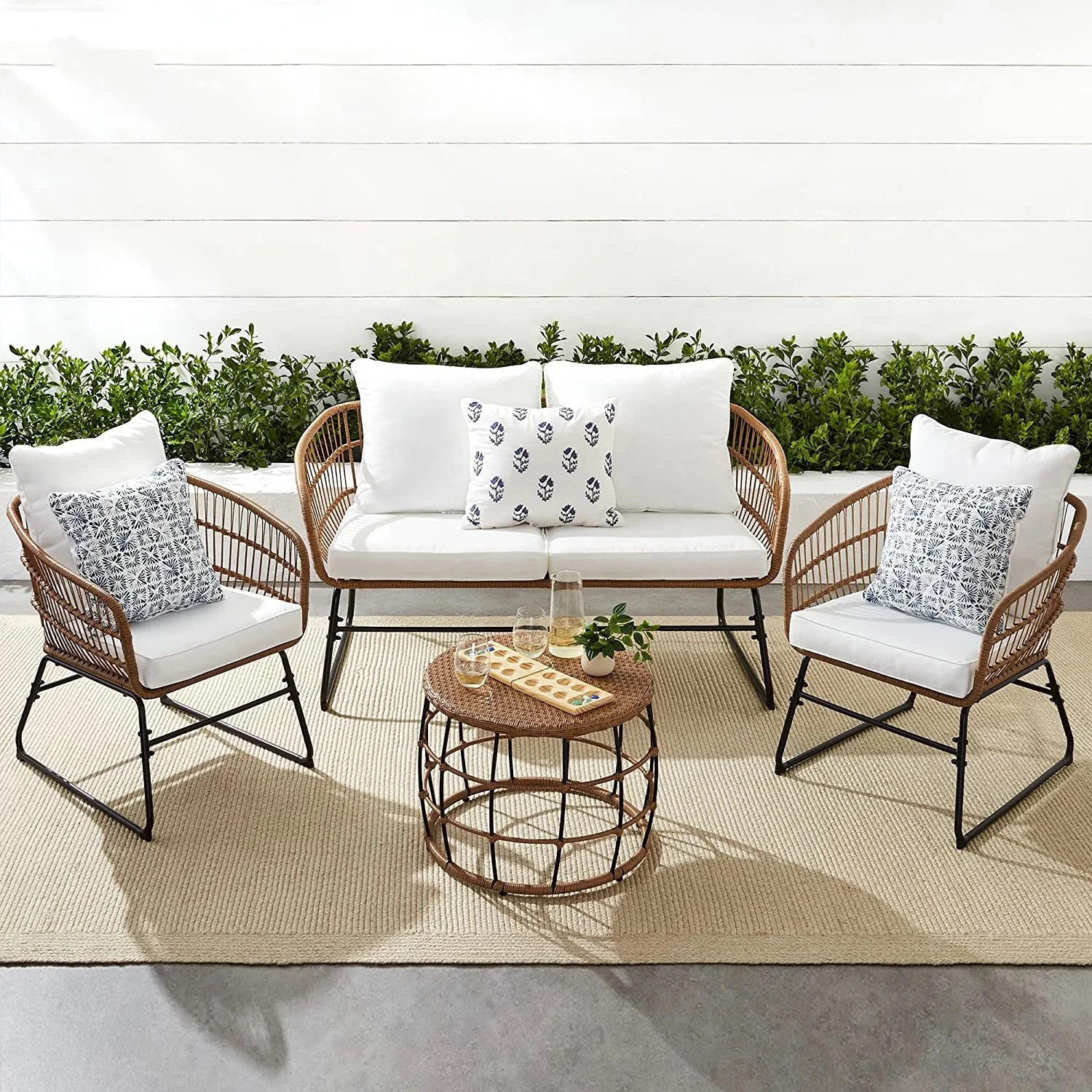 product luxury garden furniture 4 pcs steel rattan garden sets outdoor restaurant sofa set patio conversation set with seat cushion-2
