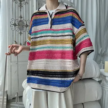 Simple striped summer hollow knit sweater T-shirt boxy fit t-shirts lapel loose five-point sleeve pullover Polo shirt