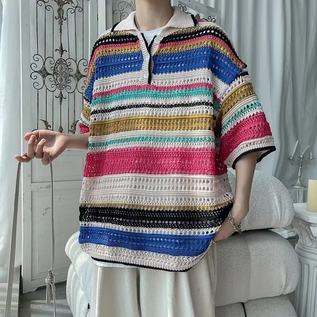 Simple striped summer hollow knit sweater T-shirt boxy fit t-shirts lapel loose five-point sleeve pullover Polo shirt