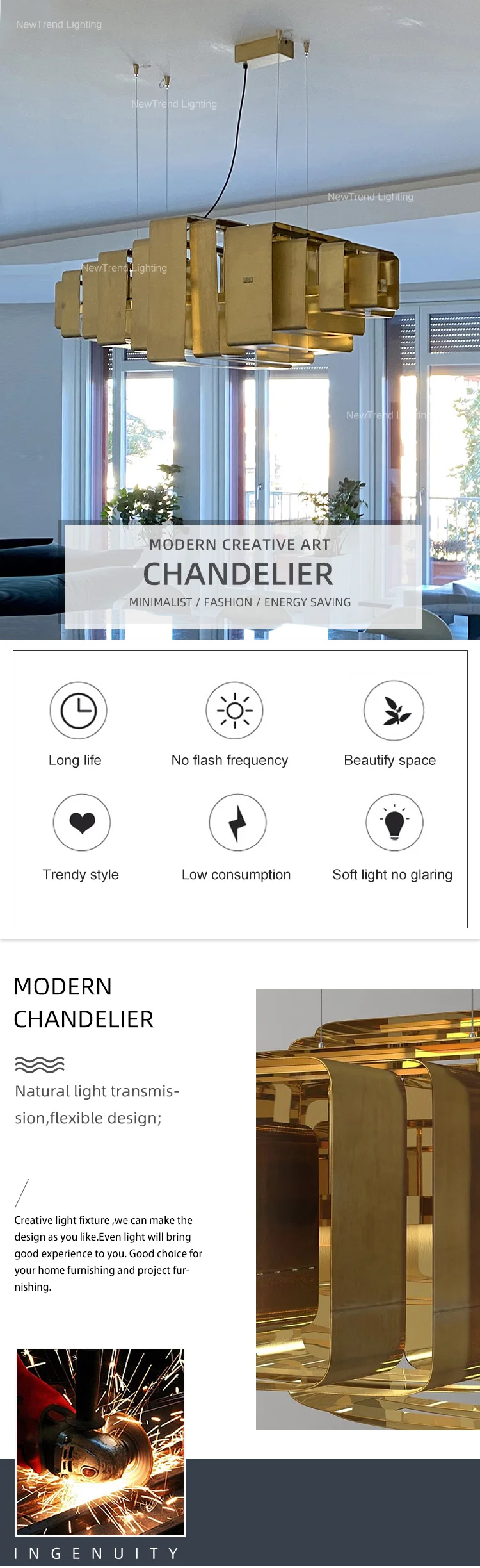 CPL-363 Luxury Style Indoor Living Room Dining Room Custom Gold Color LED Chandelier Light details
