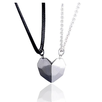 Couple magnetic cheap half heart shaped pendant jewelry leather cord stainless steel chain magnet necklace