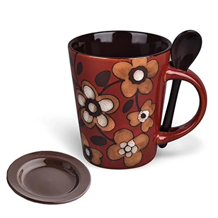 Handmade colored Nordic Red flower ceramic coffee mug with cover spoonn