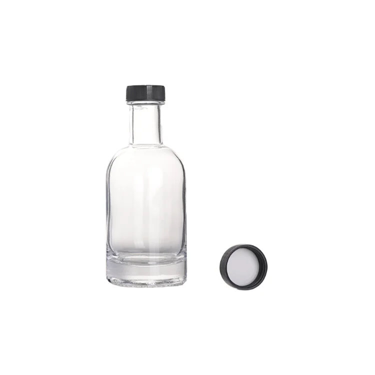 200ml Heavy Base Glass Liquor Spirit Vodka Whiskey Bottles with Black Plastic Lids