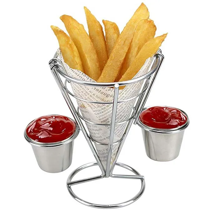 Parrillas Fries Soporte para Cesta de Cono y porción de Salsa Winice Juego de Tazas de Ketchup y Taza de cerámica para freír 