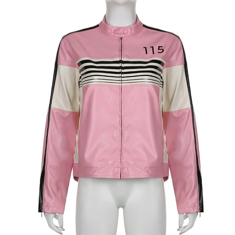 Ladies Pink Leather Jacket Casual Letter Print Striped Loose Long Sleeve PU Jackets for Women y2k Streetwear Fall Coats