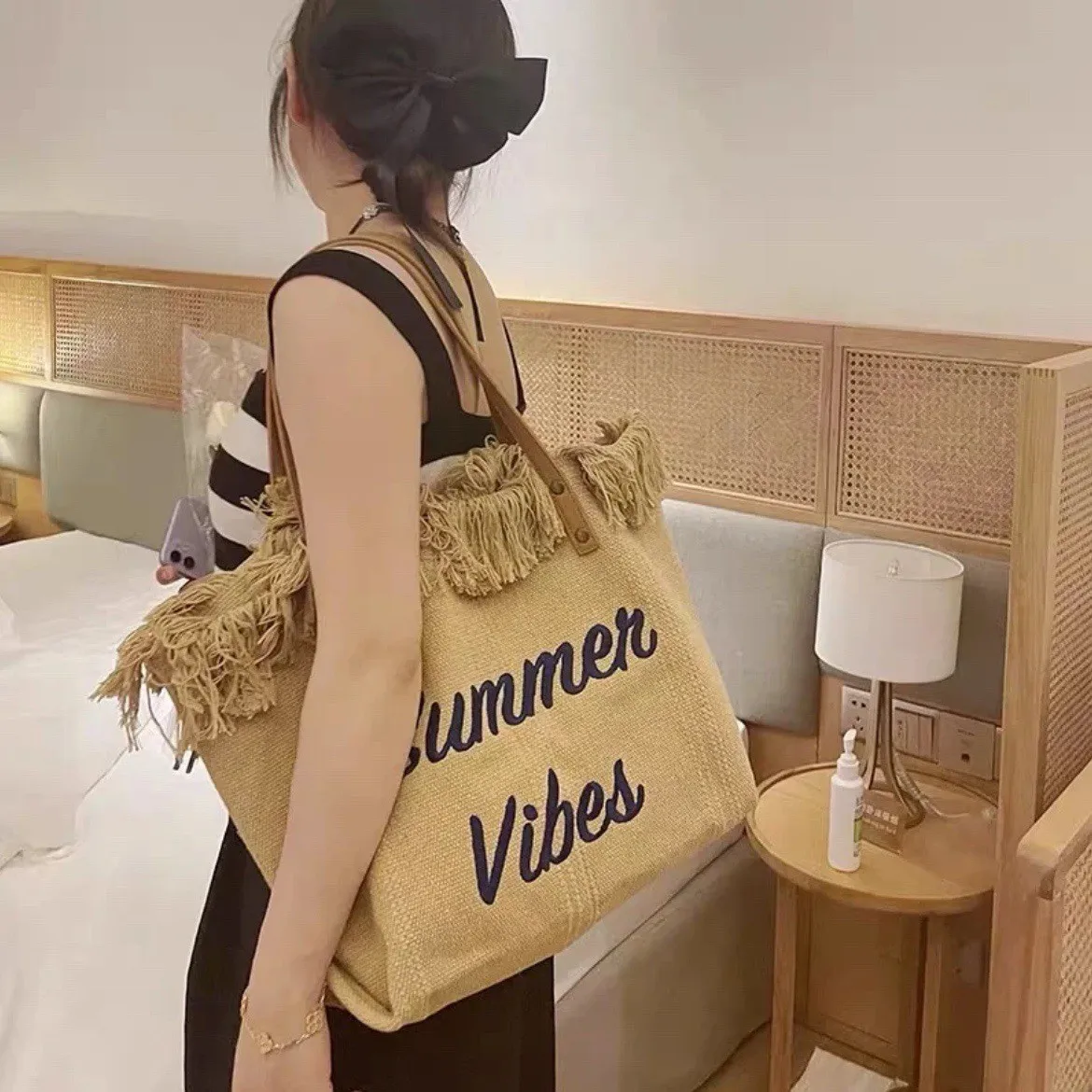 Double straps casual women's tote Bags customize logo Embroidered canvas woven beach Women Shoulder Bag