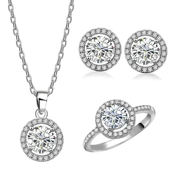Hot Selling Shiny Wedding Jewelry Set Earring Ring Necklace AAAAA micro pave Zircon 925 Silver Jewelry Sets Women