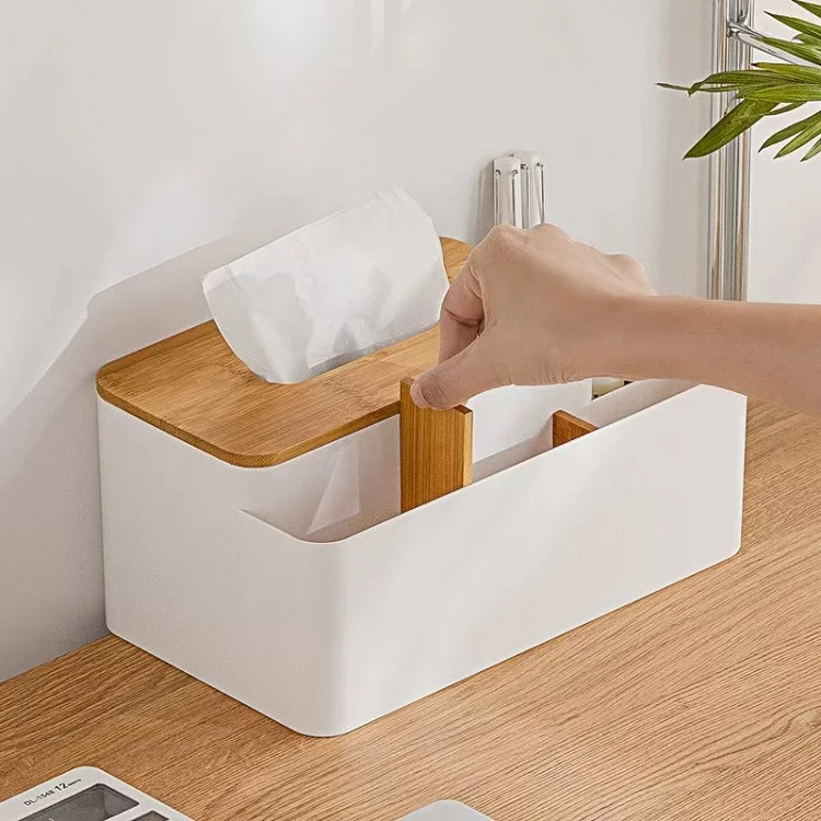 Multifunctional Tissue Holder with Bamboo Wood Lid Napkin Organizer Container Plastic Tissue Box