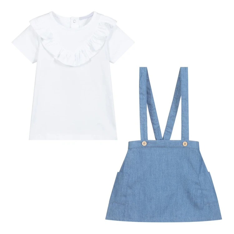 2023 OEM & ODM simple design cotton t shirt and denim skirt baby sets clothes clothing thin summer kids boutique clothing sets