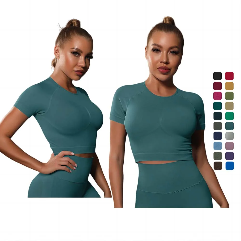 Lulu  Europe and the United States seamless knit solid color chest top sports short sleeve tight running fitness yoga clothing