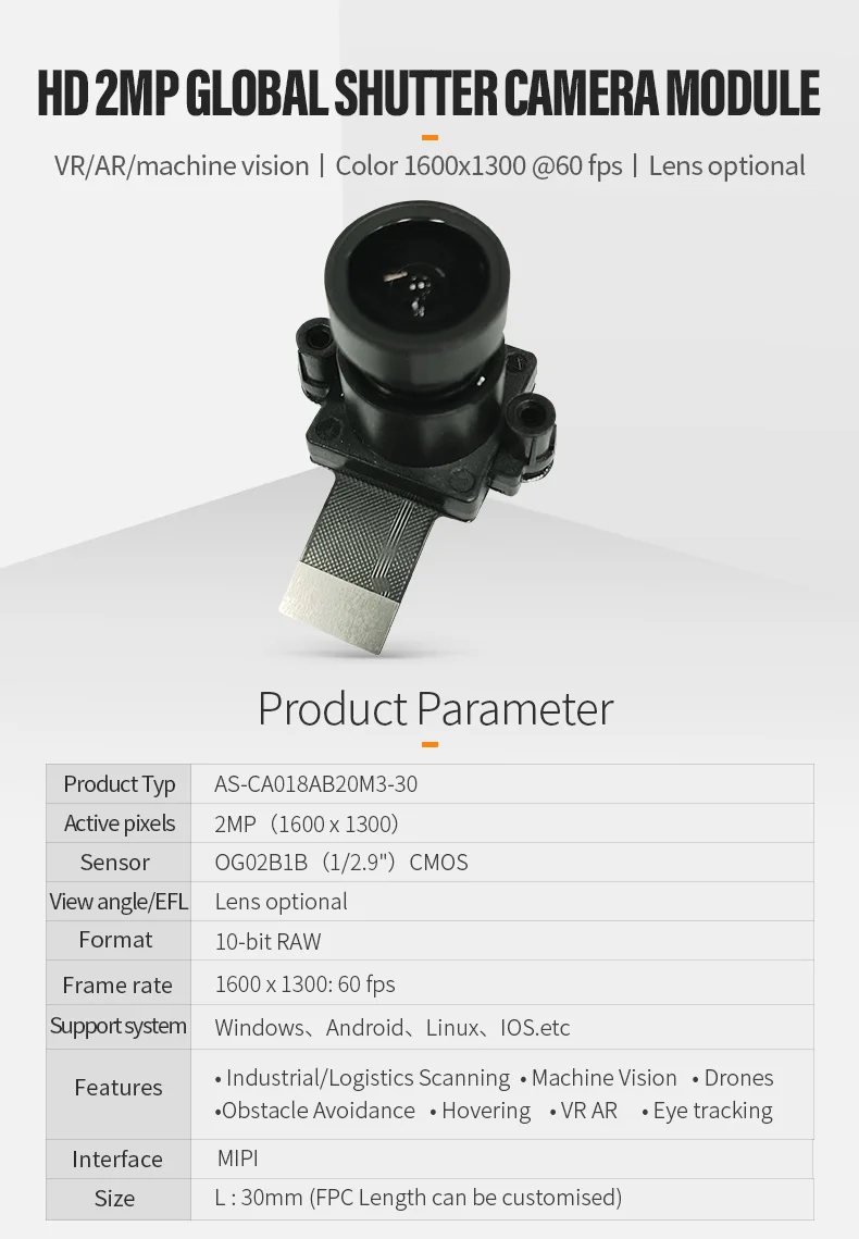 DGZX OG02B10 Global Shutter Camera Color Module MIPI Interface Cable 2 Megapixel 60 Frames Wide Angle插图 DGZX OG02B10 Global Shutter Camera Color Module MIPI Interface Cable 2 Megapixel 60 Frames Wide Angle插图