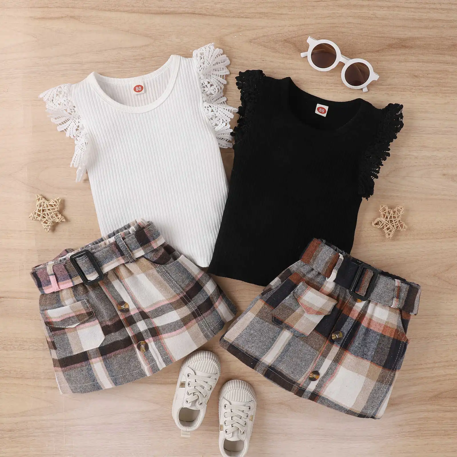 Kids baby girls summer outfits cute lace ruffle fly sleeve tops+plaid belt A-line skirts toddler girls two-piece sets
