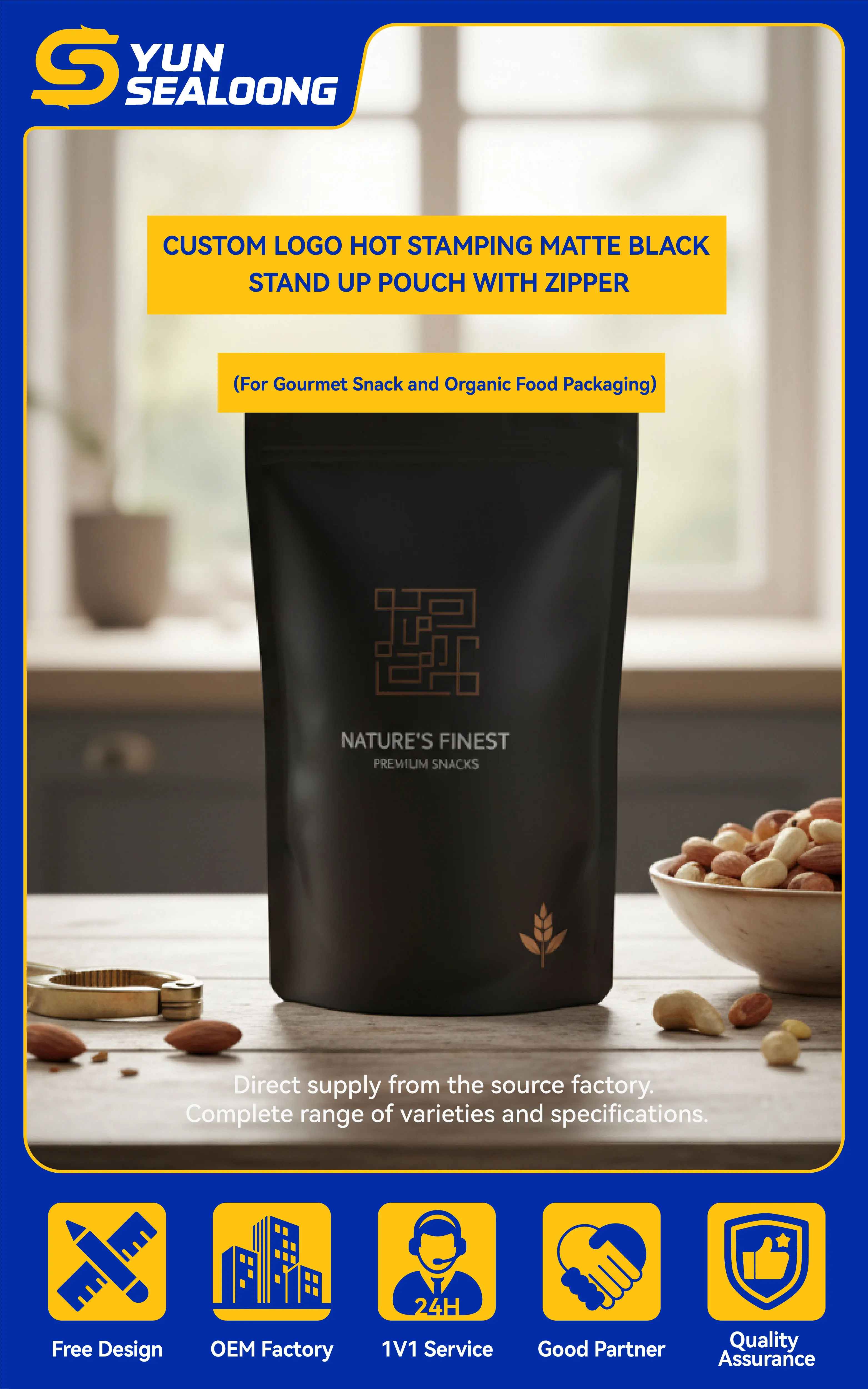 Custom Logo Hot Stamping Matte Black Stand up Pouch with Zipper for Gourmet Snack and Organic Food Packaging