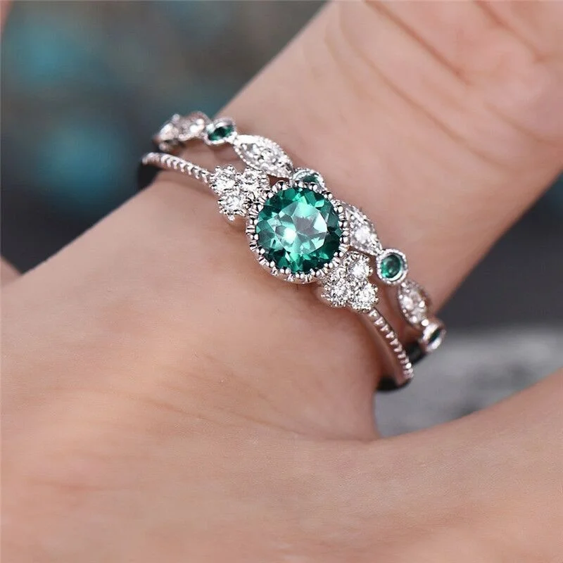 Fashion Couples Finger Jewelry Ring Wedding 925 Silver Plated Emerald Green & Blue Sapphire CZ Diamond ring set