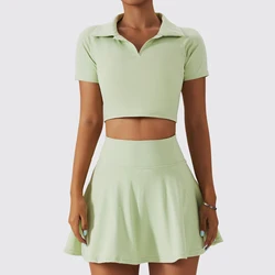 V-neck Sporty Polo Shirt Skirt Spring Nude Tennis Suit Set Women's Outdoor Sports Bra Running Breathable Yoga Suits