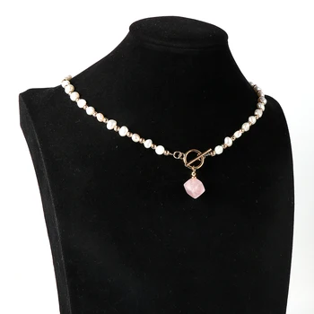 Natural Geometric Cube Pink Crystal Pendant Freshwater Baroque Pearl Beads Choker Necklace For Women Girls