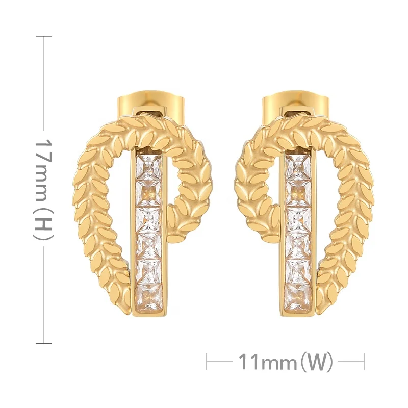 18K Gold Plated Stainless Steel Jewelry Olive Branch Leaf shaped Zircon Ear Studs  Accessories Earrings E221397
