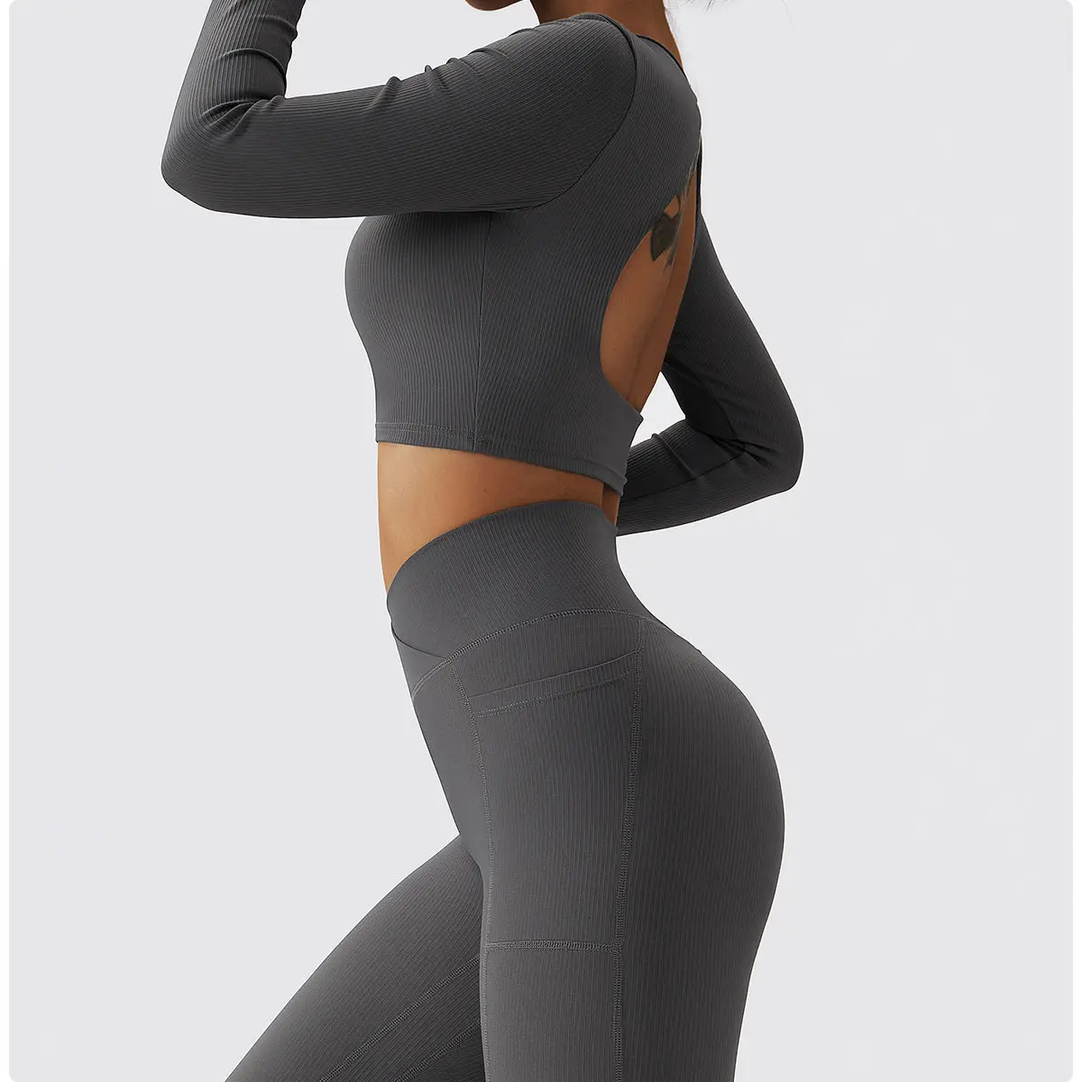 YIYI Ribbed Soft Fabrics Back Hollow Out Yoga Tops Women Tights Breathable Workout Tops Sports T-shirt Women Long Sleeve