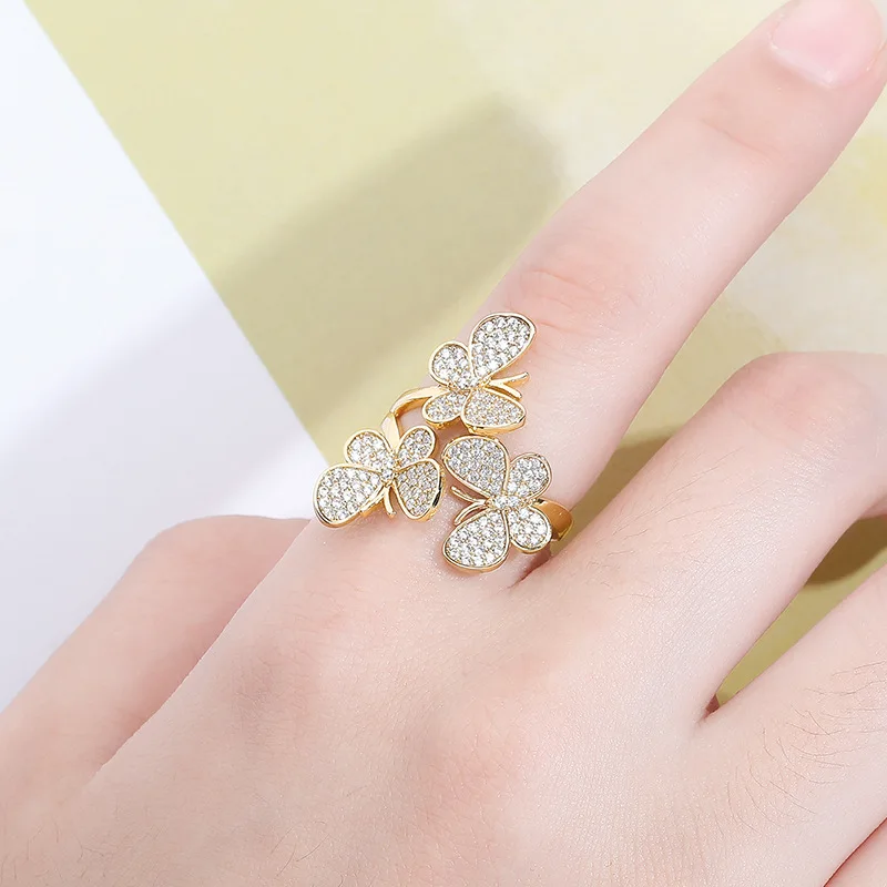 Latest trendy cubic zirconia rhinestone imperial engagement women 3 butterflies finger ring 925 sterling silver butterfly rings