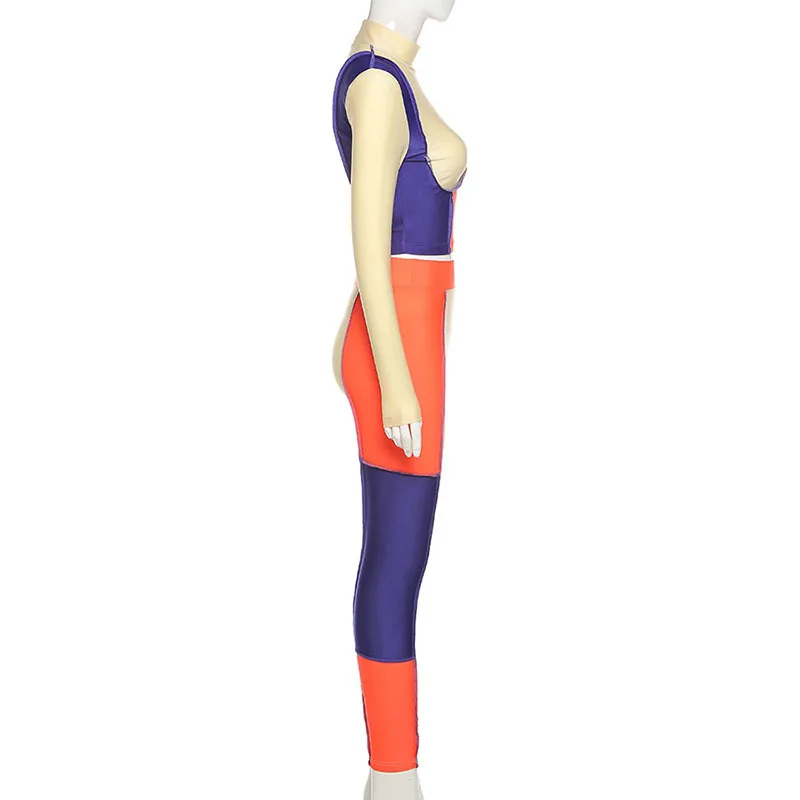 Rs1227 Sporty Athleisure Crop Top And Pants Two Piece Sets Patchwork