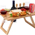 Table Wooden Bamboo Folding Portable Picnic Table With Wine Holder And Glass Holder Wooden Collapsible Snack Table