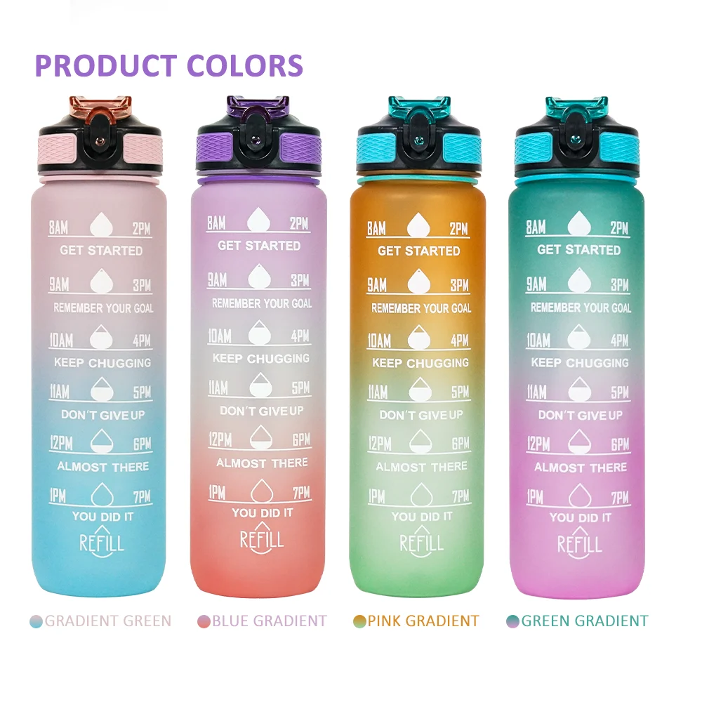 Leakproof Gradient Color 750ml Fitness Sports Water Bottle Motivational Plastic Water Bottle with and Straw