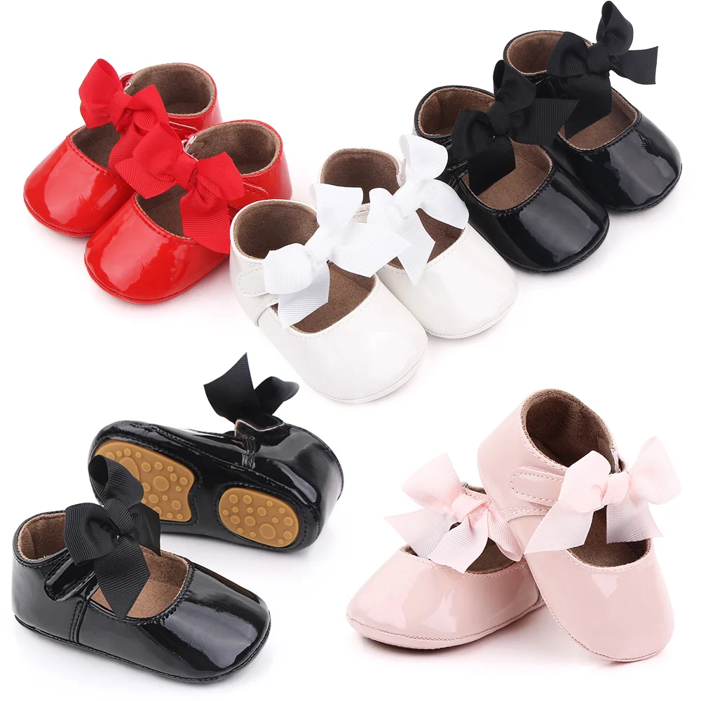 Solid Color PU Leather Top Big Bow Baby Girls Princess Soft Soled Non-slip Toddler Shoes details