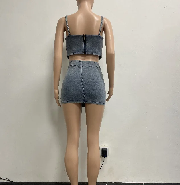 New Peoduct Mini Skirt Set Womens Casual Denim Suit Stretch Denim Camisole Crop Top Two Piece Set factory