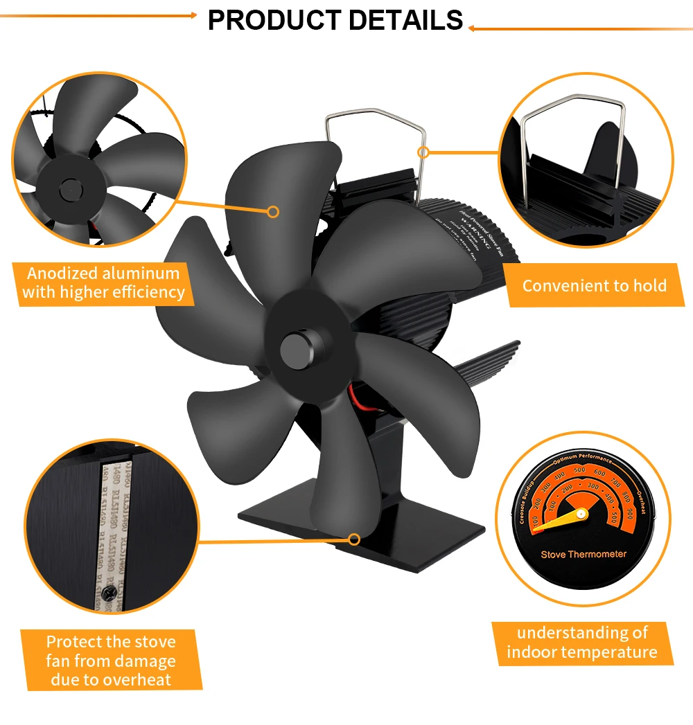 6 Blade Fireplace Heat Distribution Stove Fan Log Burner Ecofan Thermal