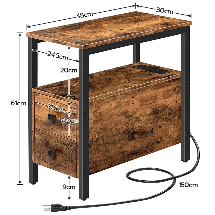 Wholesale Wooden Metal Rustic Bedside Nightstand Sofa End Table Narrow Side Table With Charging Station for Living Room Bedroom