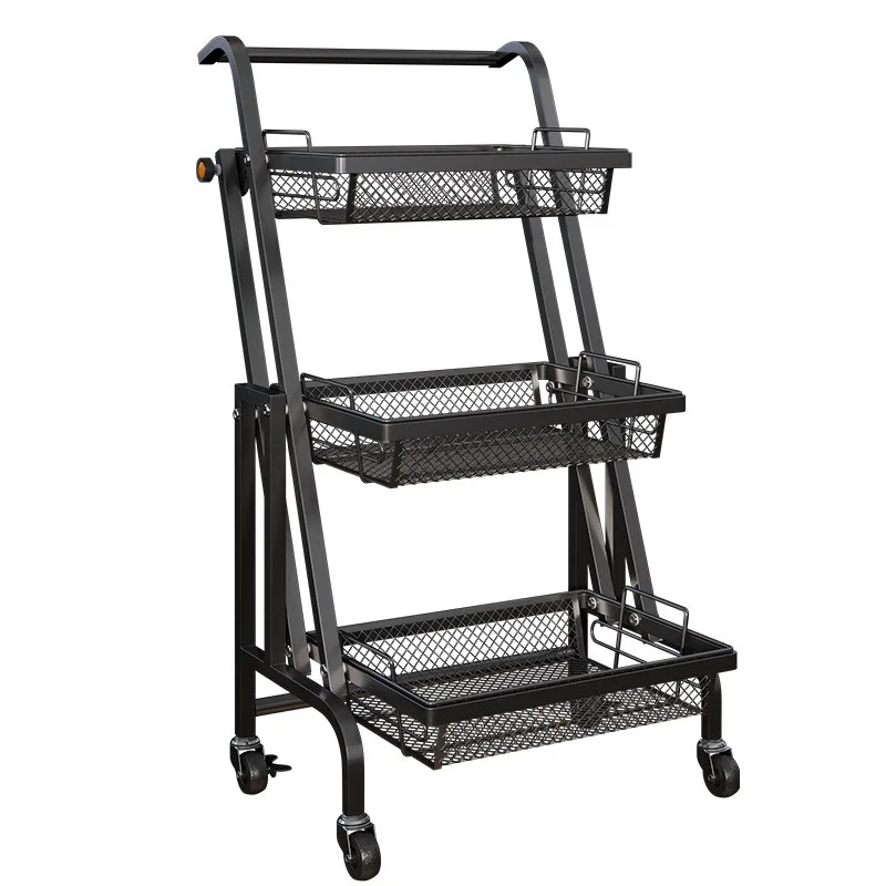 Folding Metal Utility 3-tier Kitchen Rolling Storage Rack Household Trolley Cart With Wine Basket