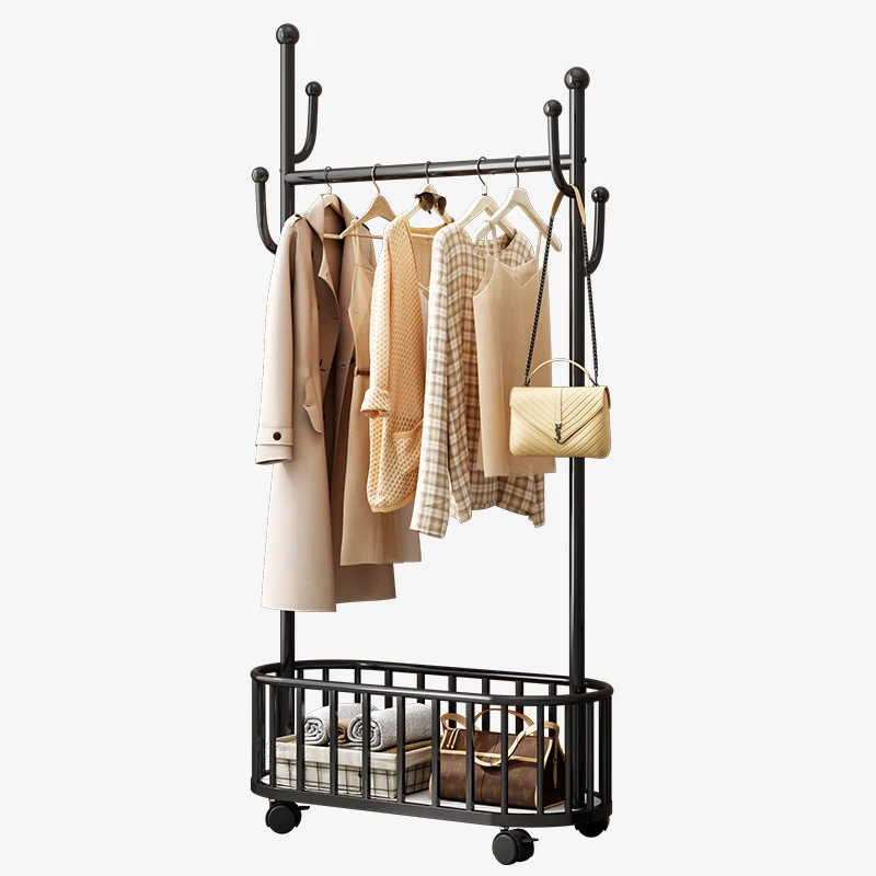 Movable metal floor standing coat rack with 360 degree rotation wheels