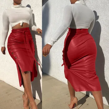 L2627- women fashion hot button blet leather midi skirt