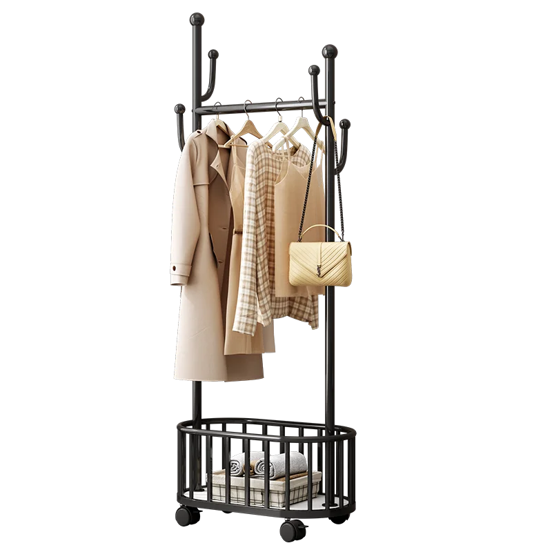 Movable metal floor standing coat rack with 360 degree rotation wheels