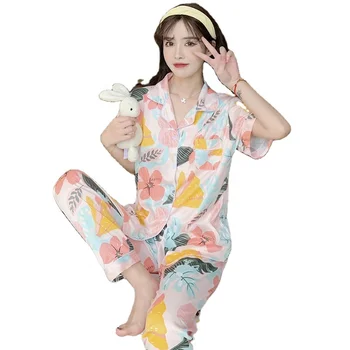 Wholesale Women's Turn-down Collar Pajamas Cotton Korean Loungwear Short Sleeve Trouser Sleepwear Sets Floral Printed Nightwear