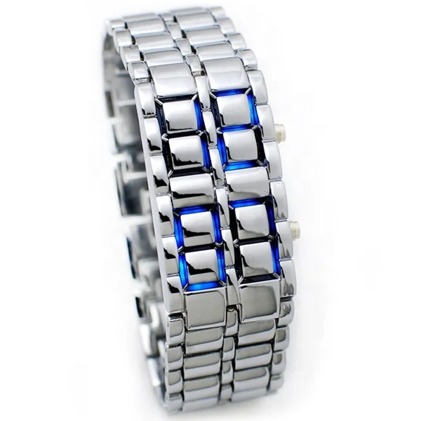 Unique Fashion Watch Men Black and Silver Cool Metal Alloy Iron Samurai Lava LED Digital Wrist Watch