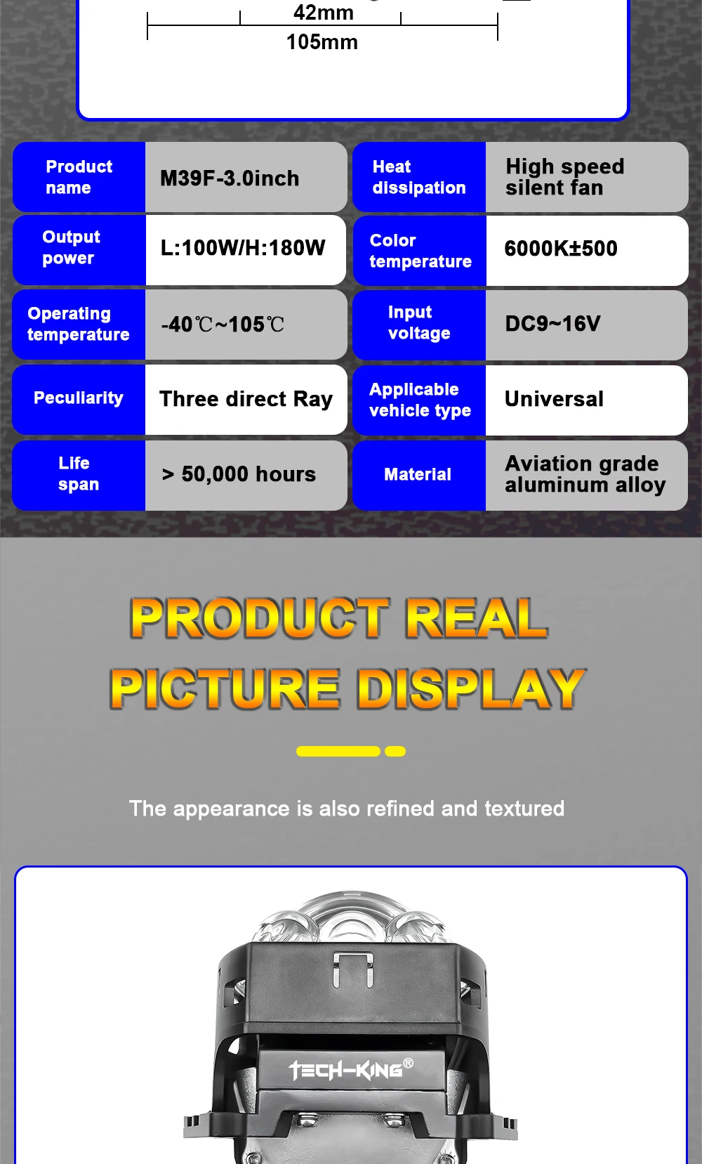 Car LED headlights double lens 3 inch square three direct laser light super bright 90 watt high power H7 H11Projector headlights