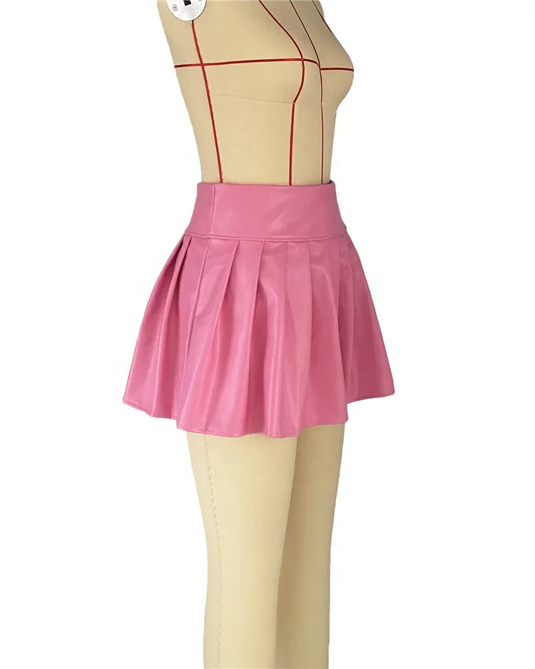 Pink Fashion PU Leather Pleated Skirts Women High Waisted A-line Mini Skirts
