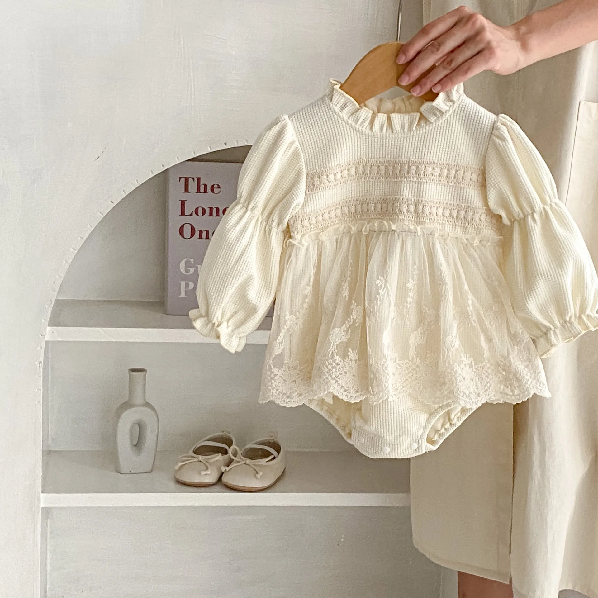 Autumn Girls Lace Long Sleeve Romper Dress Infant Waffle Bodysuit Fashion Baby Clothes