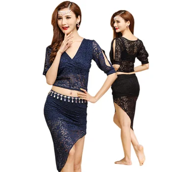 Fashionable Middle Sleeve Three-Dimensional lace Top and skirt set for belly dance practice daily Wear